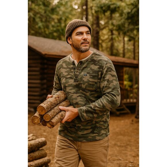 Lee Shirt XL Men’s Camo Henley Long Sleeve Faux Sherpa Lined Gorpcore Cabincore - Picture 1 of 8